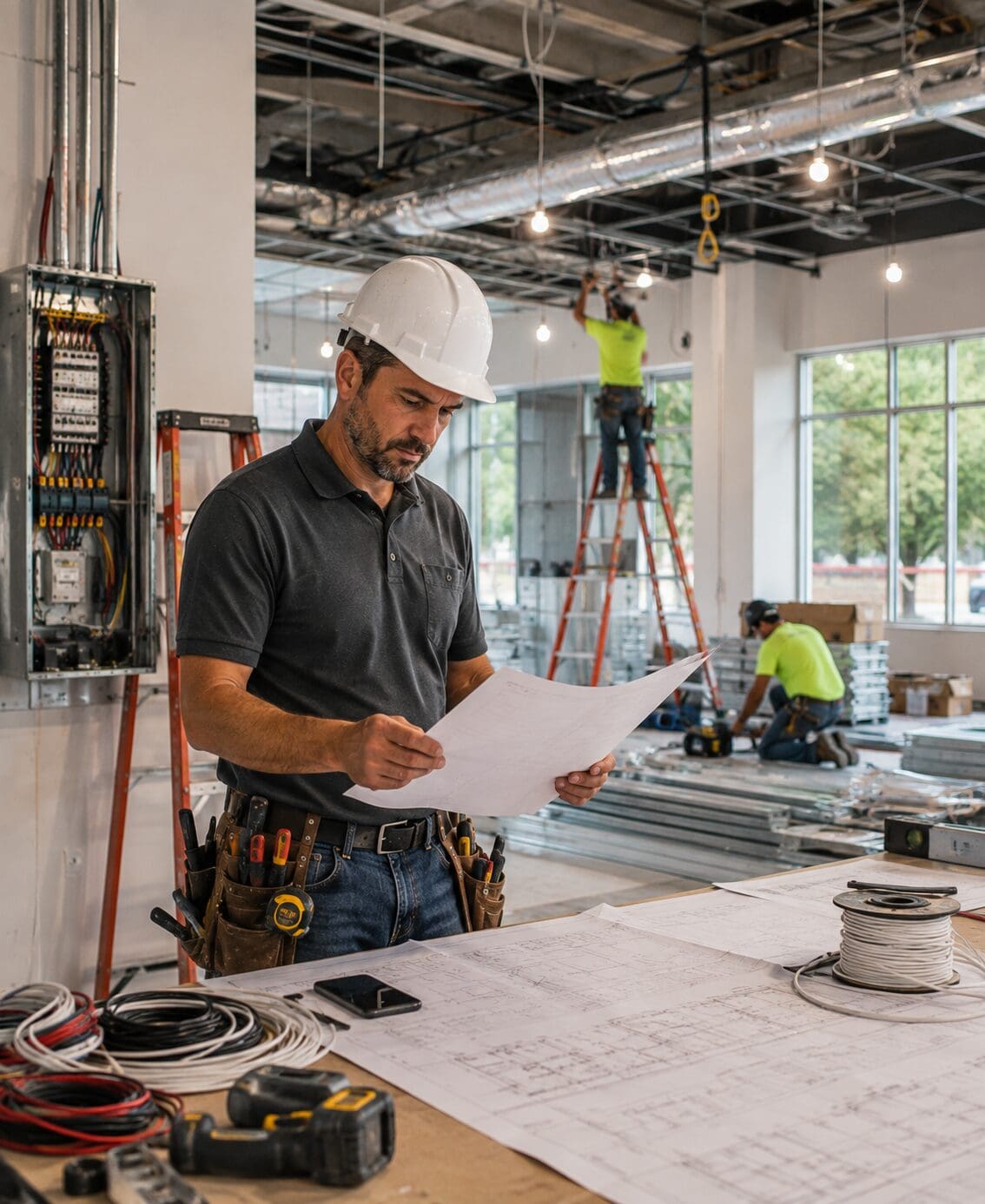 Builder’s Risk Insurance for Contractors Contractor reviewing plans at an active residential construction project.