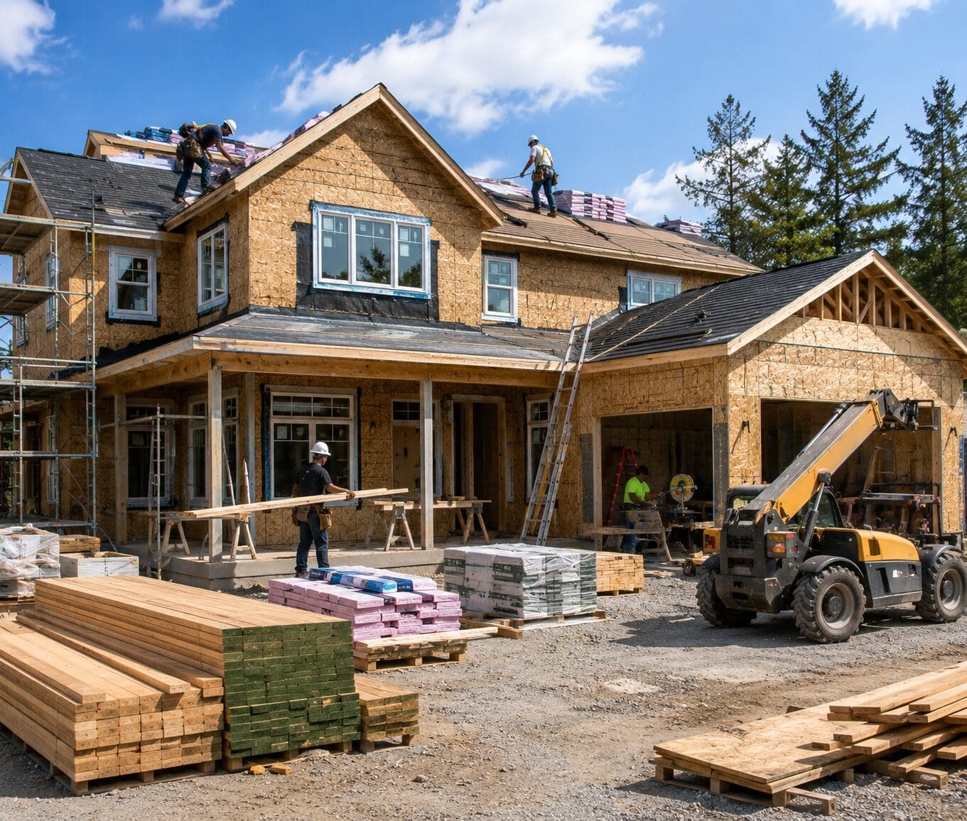 Construction Project Protection Residential structure progressing through multiple stages of construction.