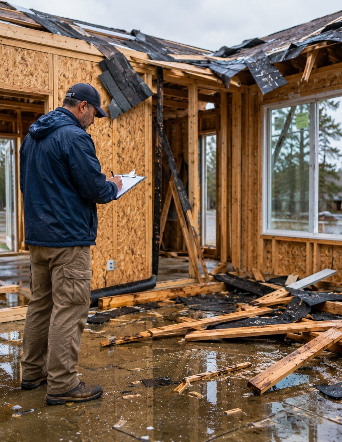 Builder’s Risk Construction Loss Contractor safely documenting moderate wind damage at a construction project.