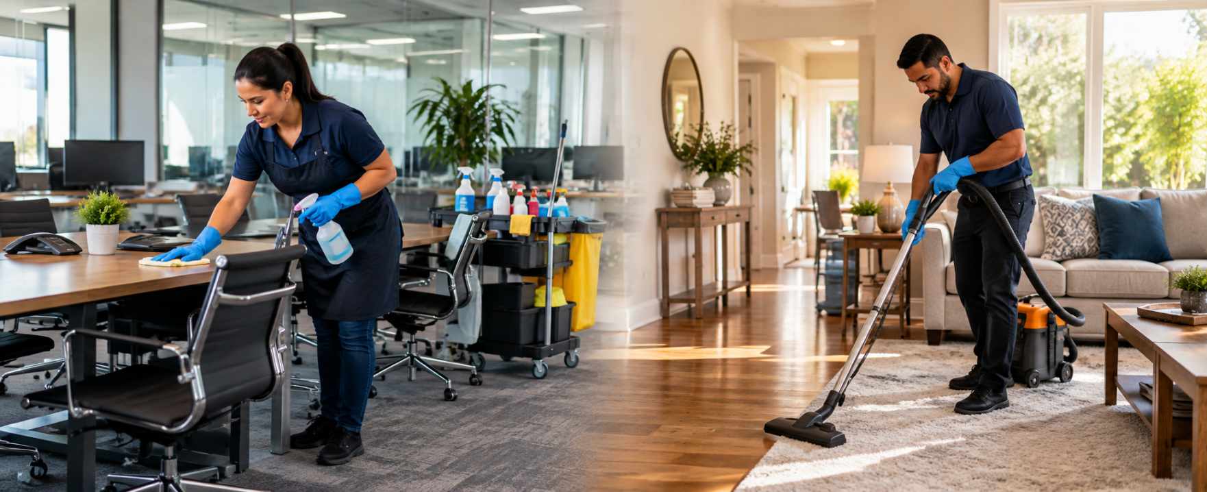 Two-person cleaning company working in a business office and a residential home.