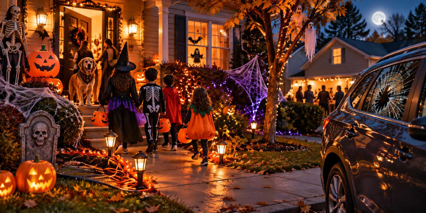 Trick-or-treaters approaching a decorated home with a dog, Halloween lights, and a vandalized car nearby.