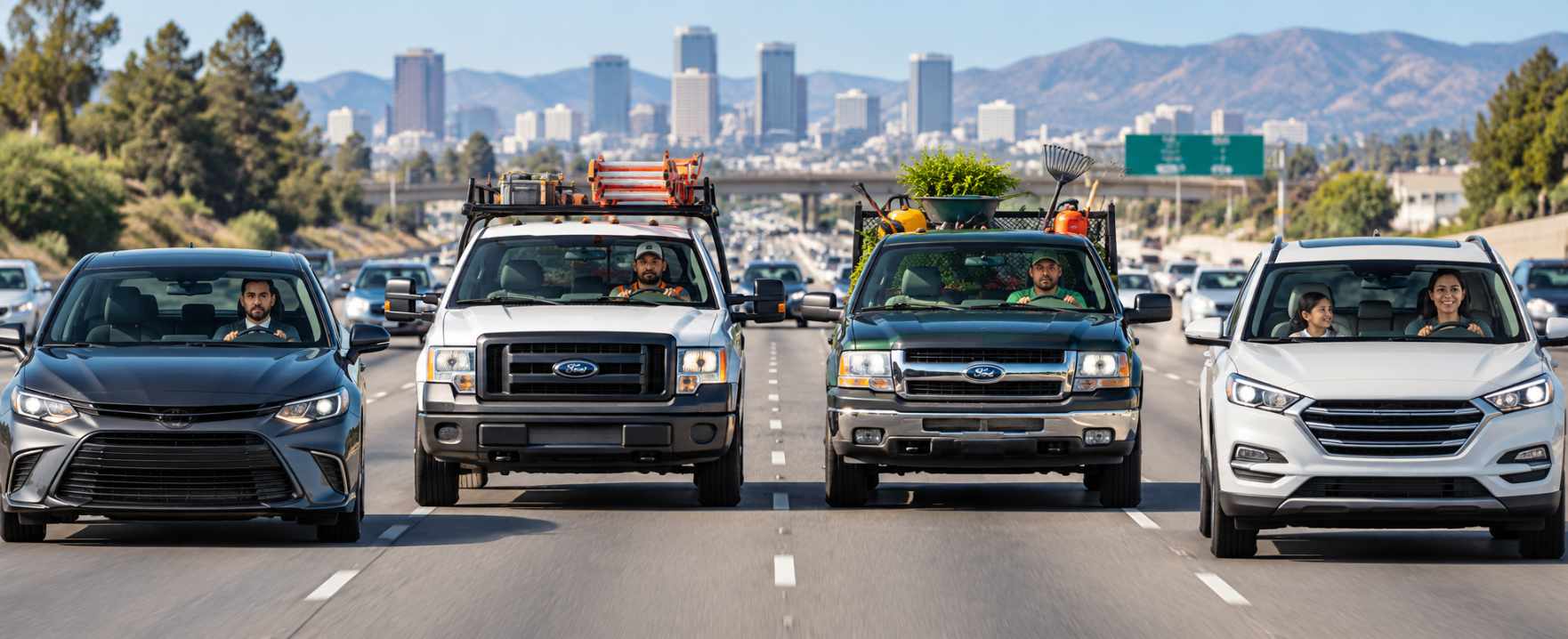 Drivers on a freeway using vehicles for personal and business purposes, including a commuter, contractor, landscaper, and parent.