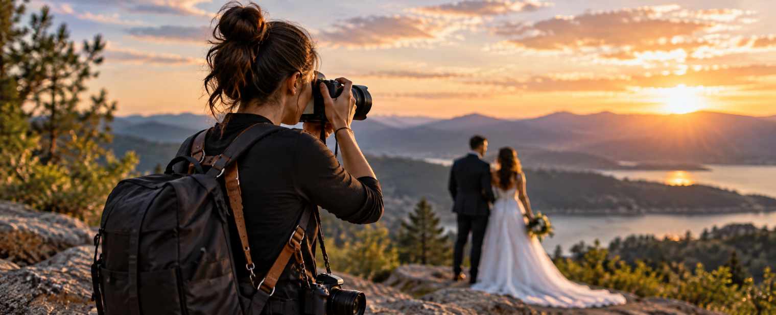 Independent photographer taking wedding photos with professional camera equipment at sunset.