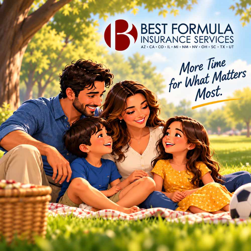Illustration of a happy family enjoying time together outdoors, representing the peace of mind of having an insurance agency handle policy service.