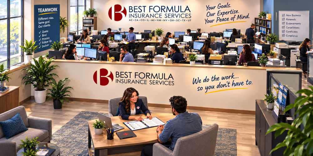 Illustration of a Best Formula Insurance agent assisting a customer while a team works behind the scenes handling policies, claims, billing, and paperwork.