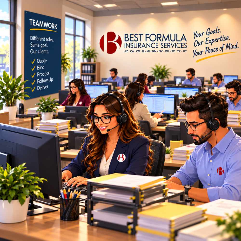 Best Formula Insurance team members working at computers, answering calls, and processing insurance paperwork.