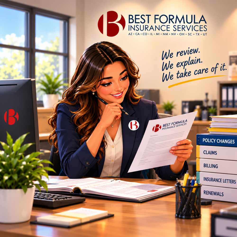 Best Formula Insurance agent reviewing an insurance letter and policy documents to help a customer understand required actions.
